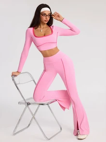 SHEIN Dewbera Women's Trim Long Sleeve Cropped T-Shirt And Flare Pants Sports Set - Multicolor - View 1