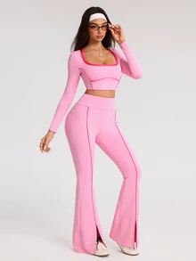 SHEIN Dewbera Women's Trim Long Sleeve Cropped T-Shirt And Flare Pants Sports Set - Multicolor - View 5