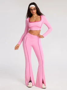 SHEIN Dewbera Women's Trim Long Sleeve Cropped T-Shirt And Flare Pants Sports Set - Multicolor - View 4