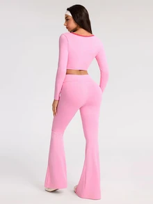 SHEIN Dewbera Women's Trim Long Sleeve Cropped T-Shirt And Flare Pants Sports Set - Multicolor - View 2