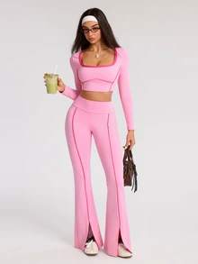 SHEIN Dewbera Women's Trim Long Sleeve Cropped T-Shirt And Flare Pants Sports Set - Multicolor - View 6