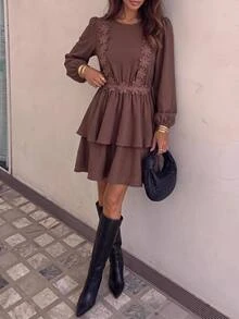 Vivid Eden Heavy Embroidery Chrysanthemum Lace Hollow Backless Dress, Lantern Long Sleeve Double Layer Ruffle Hem Slimming Short Beach Dress - Beige - View 5