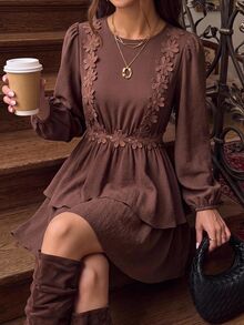 Vivid Eden Heavy Embroidery Chrysanthemum Lace Hollow Backless Dress, Lantern Long Sleeve Double Layer Ruffle Hem Slimming Short Beach Dress - Beige - View 1