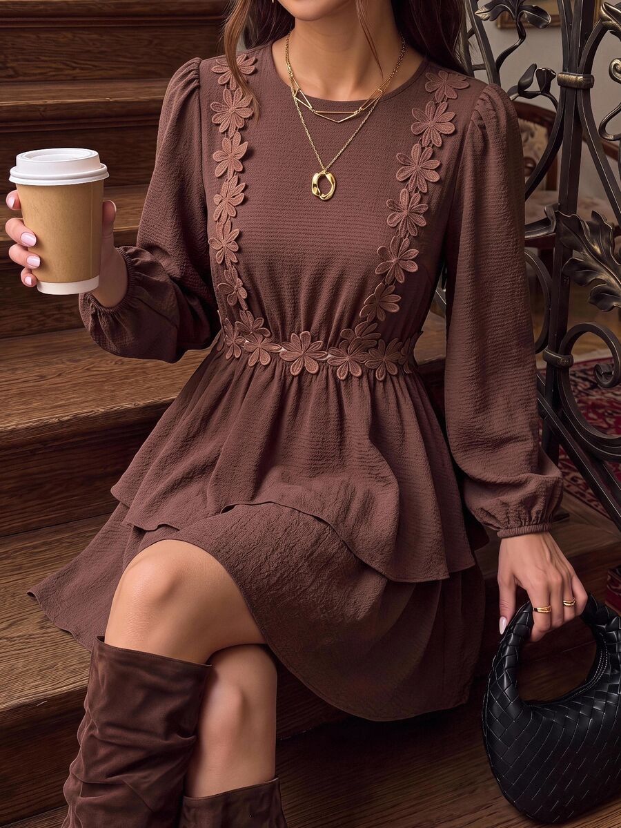 Vivid Eden Heavy Embroidery Chrysanthemum Lace Hollow Backless Dress, Lantern Long Sleeve Double Layer Ruffle Hem Slimming Short Beach Dress - Beige - View 1