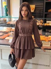 Vivid Eden Heavy Embroidery Chrysanthemum Lace Hollow Backless Dress, Lantern Long Sleeve Double Layer Ruffle Hem Slimming Short Beach Dress - Beige - View 4