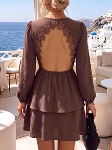 Vivid Eden Heavy Embroidery Chrysanthemum Lace Hollow Backless Dress, Lantern Long Sleeve Double Layer Ruffle Hem Slimming Short Beach Dress - Beige - View 3