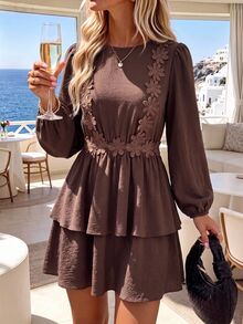 Vivid Eden Heavy Embroidery Chrysanthemum Lace Hollow Backless Dress, Lantern Long Sleeve Double Layer Ruffle Hem Slimming Short Beach Dress - Beige - View 2