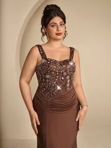 Coutiva Wide Strap Sweetheart Neckline Beaded Patchwork Knit Asymmetrical Pleated Drape Slim Fit Mermaid Long Dress - Brown - View 13