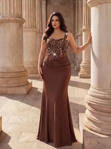 Coutiva Wide Strap Sweetheart Neckline Beaded Patchwork Knit Asymmetrical Pleated Drape Slim Fit Mermaid Long Dress - Brown - View 4