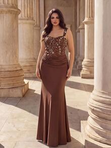 Coutiva Wide Strap Sweetheart Neckline Beaded Patchwork Knit Asymmetrical Pleated Drape Slim Fit Mermaid Long Dress - Brown - View 8