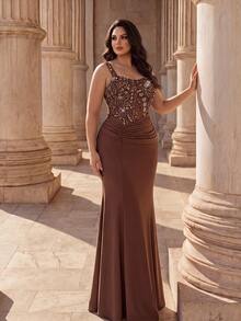 Coutiva Wide Strap Sweetheart Neckline Beaded Patchwork Knit Asymmetrical Pleated Drape Slim Fit Mermaid Long Dress - Brown - View 7