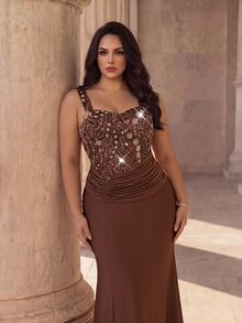 Coutiva Wide Strap Sweetheart Neckline Beaded Patchwork Knit Asymmetrical Pleated Drape Slim Fit Mermaid Long Dress - Brown - View 6
