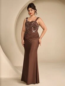 Coutiva Wide Strap Sweetheart Neckline Beaded Patchwork Knit Asymmetrical Pleated Drape Slim Fit Mermaid Long Dress - Brown - View 10