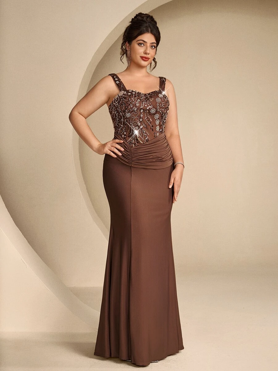 Coutiva Wide Strap Sweetheart Neckline Beaded Patchwork Knit Asymmetrical Pleated Drape Slim Fit Mermaid Long Dress - Brown - View 1