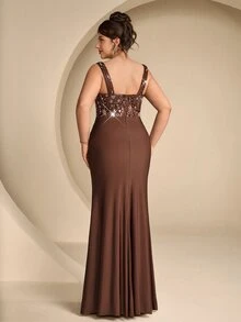 Coutiva Wide Strap Sweetheart Neckline Beaded Patchwork Knit Asymmetrical Pleated Drape Slim Fit Mermaid Long Dress - Brown - View 9