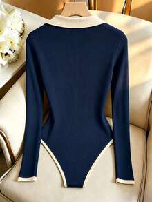 SHEIN Women's Colorblock Polo Collar Long Sleeve Inner Shirt, Knit Slim Fit V-Neck Elastic Inner Layer Inner Shirt, French Lapel Inner Shirt, Slimming Knit Long Sleeve V-Neck Inner Shirt For Early Autumn, Elegant Colorblock Polo Inner Shirt, Elastic Ribbed Slim Fit Long Sleeve V-Neck Inner Shirt For Women - Multicolor - View 2