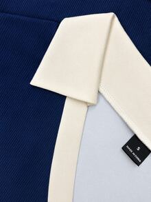SHEIN Women's Colorblock Polo Collar Long Sleeve Inner Shirt, Knit Slim Fit V-Neck Elastic Inner Layer Inner Shirt, French Lapel Inner Shirt, Slimming Knit Long Sleeve V-Neck Inner Shirt For Early Autumn, Elegant Colorblock Polo Inner Shirt, Elastic Ribbed Slim Fit Long Sleeve V-Neck Inner Shirt For Women - Multicolor - View 5