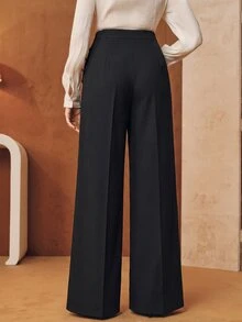 Anewsta Spring/Autumn Elegant High Waist Pleated Waistband Side Button Straight Leg Black Trousers For Women, Suitable For Commute, Daily And Date - Black - View 7