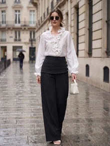 Anewsta Spring/Autumn Elegant High Waist Pleated Waistband Side Button Straight Leg Black Trousers For Women, Suitable For Commute, Daily And Date - Black - View 8