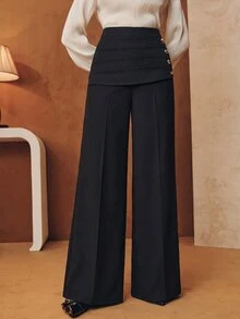 Anewsta Spring/Autumn Elegant High Waist Pleated Waistband Side Button Straight Leg Black Trousers For Women, Suitable For Commute, Daily And Date - Black - View 5