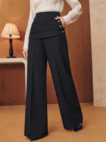 Anewsta Spring/Autumn Elegant High Waist Pleated Waistband Side Button Straight Leg Black Trousers For Women, Suitable For Commute, Daily And Date - Black - View 2