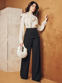Anewsta Spring/Autumn Elegant High Waist Pleated Waistband Side Button Straight Leg Black Trousers For Women, Suitable For Commute, Daily And Date - Black - View 3