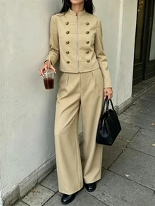 SHEIN Khaki Stand Collar Zip-Up Short Jacket + Draped Straight Leg Pants Slimming 2 Pieces Set/Vintage Chinese Style Commuter Elegant Suit Set - Khaki - View 5