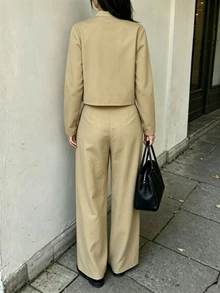 SHEIN Khaki Stand Collar Zip-Up Short Jacket + Draped Straight Leg Pants Slimming 2 Pieces Set/Vintage Chinese Style Commuter Elegant Suit Set - Khaki - View 2