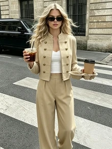 SHEIN Khaki Stand Collar Zip-Up Short Jacket + Draped Straight Leg Pants Slimming 2 Pieces Set/Vintage Chinese Style Commuter Elegant Suit Set - Khaki - View 6
