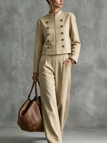 SHEIN Khaki Stand Collar Zip-Up Short Jacket + Draped Straight Leg Pants Slimming 2 Pieces Set/Vintage Chinese Style Commuter Elegant Suit Set - Khaki - View 1