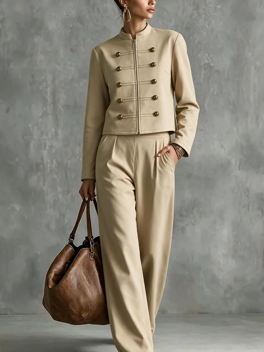 SHEIN Khaki Stand Collar Zip-Up Short Jacket + Draped Straight Leg Pants Slimming 2 Pieces Set/Vintage Chinese Style Commuter Elegant Suit Set - Khaki - View 1