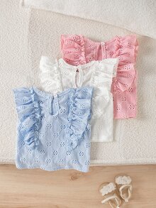 SHEIN Playful Pals Three-Piece Set Baby Girls Tops Light Pink White Light Blue Ruffle Hem Round Neck T-Shirt, Comfortable, Soft, Casual, Cute, Summer New Style - Multicolor - View 3