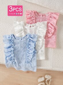 SHEIN Playful Pals Three-Piece Set Baby Girls Tops Light Pink White Light Blue Ruffle Hem Round Neck T-Shirt, Comfortable, Soft, Casual, Cute, Summer New Style - Multicolor - View 4