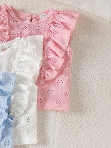 SHEIN Playful Pals Three-Piece Set Baby Girls Tops Light Pink White Light Blue Ruffle Hem Round Neck T-Shirt, Comfortable, Soft, Casual, Cute, Summer New Style - Multicolor - View 5