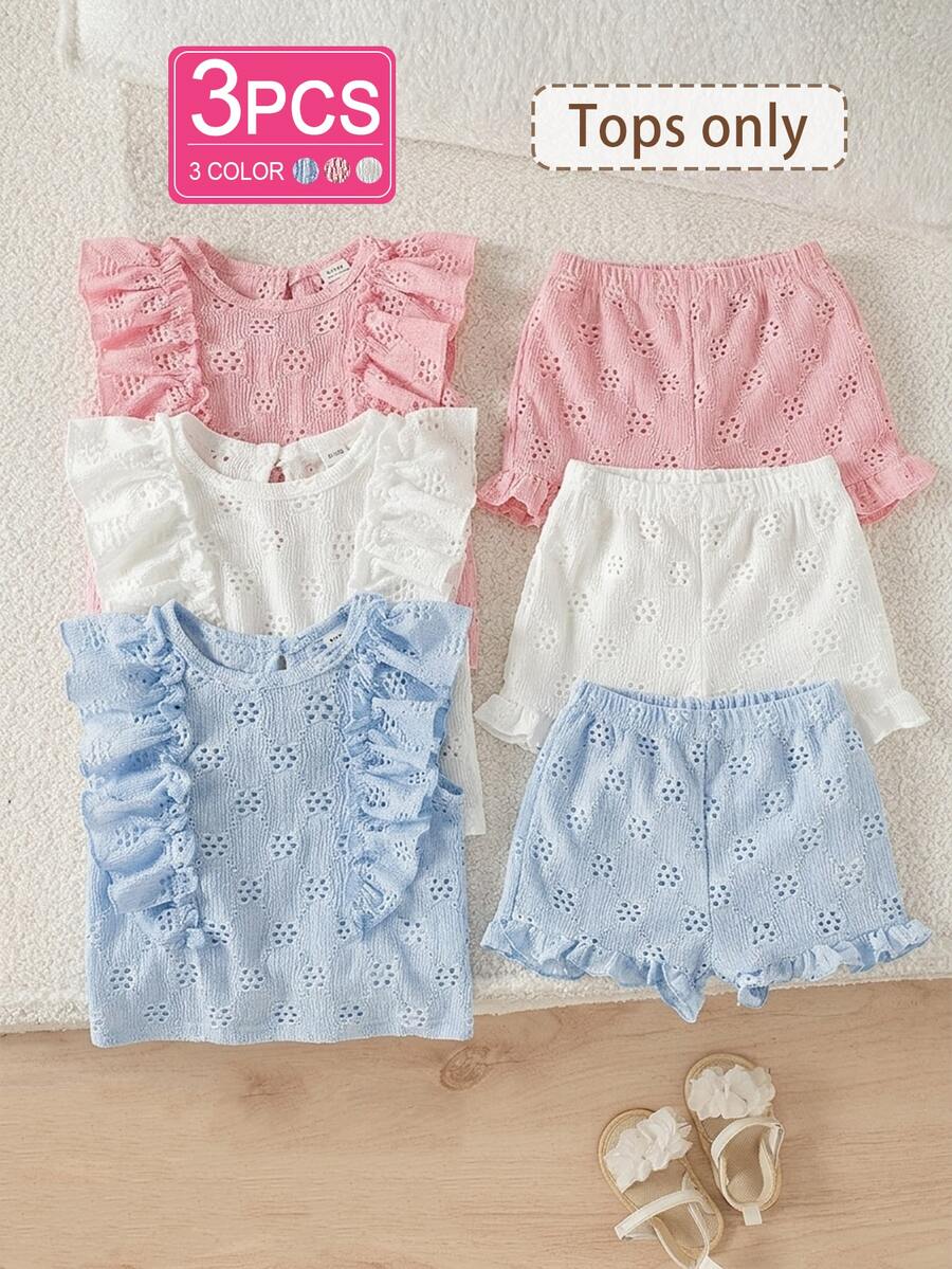 SHEIN Playful Pals Three-Piece Set Baby Girls Tops Light Pink White Light Blue Ruffle Hem Round Neck T-Shirt, Comfortable, Soft, Casual, Cute, Summer New Style