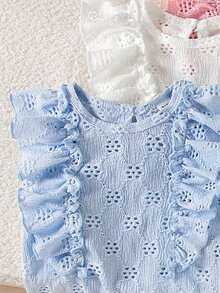 SHEIN Playful Pals Three-Piece Set Baby Girls Tops Light Pink White Light Blue Ruffle Hem Round Neck T-Shirt, Comfortable, Soft, Casual, Cute, Summer New Style - Multicolor - View 6