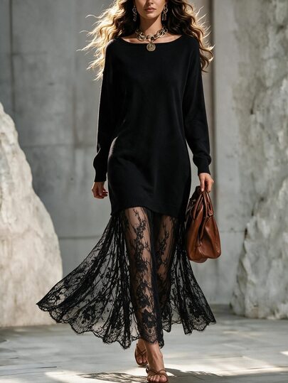 Omancia Women's Minimalist Casual Black Lace Patchwork Long Sweater Dress Black Knitwear Fall Knit Tops For Party Elegant Modest French Tailored Streetwear