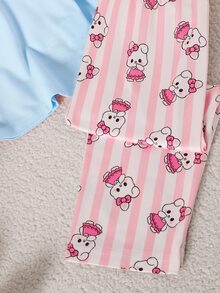 2pcs/Set Young Girls Cute Rabbit Striped Print Long Sleeve Long Pants Knit Pajamas Loungewear Set - Multicolor - View 6