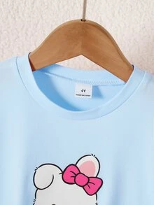2pcs/Set Young Girls Cute Rabbit Striped Print Long Sleeve Long Pants Knit Pajamas Loungewear Set - Multicolor - View 3