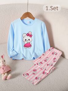 2pcs/Set Young Girls Cute Rabbit Striped Print Long Sleeve Long Pants Knit Pajamas Loungewear Set - Multicolor - View 1