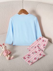 2pcs/Set Young Girls Cute Rabbit Striped Print Long Sleeve Long Pants Knit Pajamas Loungewear Set - Multicolor - View 2