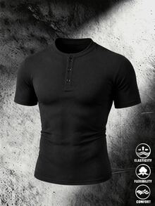 Gym Rark Men's Solid Color Button Half-Placket Short Sleeve Sports T-Shirt - Black - View 6