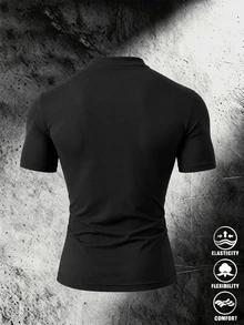 Gym Rark Men's Solid Color Button Half-Placket Short Sleeve Sports T-Shirt - Black - View 2