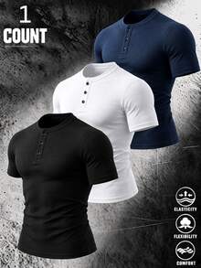 Gym Rark Men's Solid Color Button Half-Placket Short Sleeve Sports T-Shirt - Black - View 5