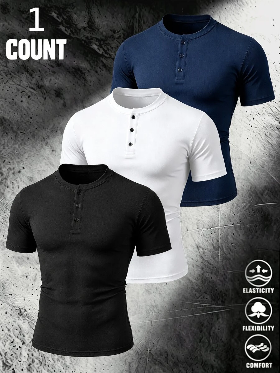 Gym Rark Men's Solid Color Button Half-Placket Short Sleeve Sports T-Shirt - Black - View 1