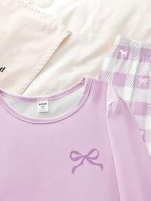 青少年女孩睡衣2件套，秋冬新款熱銷蝴蝶印花紫色寬鬆圓領長袖上衣 & 格紋蝴蝶結滿版印花長褲，休閒居家睡衣套裝，1套 - 彩色 - 查看 5