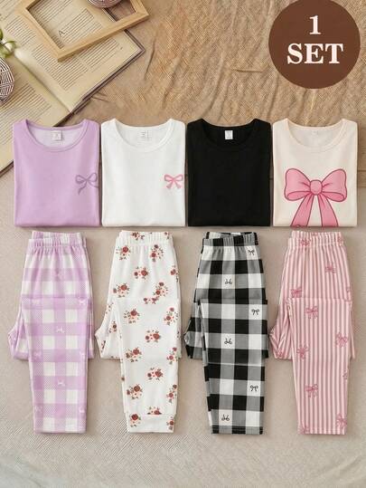 Conjunto de pijama de 2 piezas para adolescentes, nuevo y de gran en otoño/invierno, top de manga larga con cuello redondo y estampado de mariposa en color púrpura, pantalones largos con estampado completo de cuadros y lazo, conjunto de ropa de estar en casa y dormir casual, 1 set