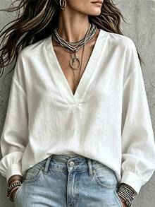 SHEIN Minimalist Deep V-Neck White Bamboo Linen Long Sleeve Top For Women, Loose Casual Linen Commuter Versatile Blouse - White - View 3