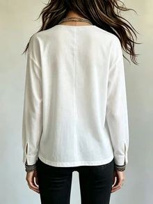 SHEIN Minimalist Deep V-Neck White Bamboo Linen Long Sleeve Top For Women, Loose Casual Linen Commuter Versatile Blouse - White - View 2