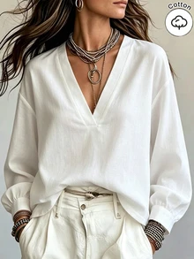SHEIN Minimalist Deep V-Neck White Bamboo Linen Long Sleeve Top For Women, Loose Casual Linen Commuter Versatile Blouse - White - View 5